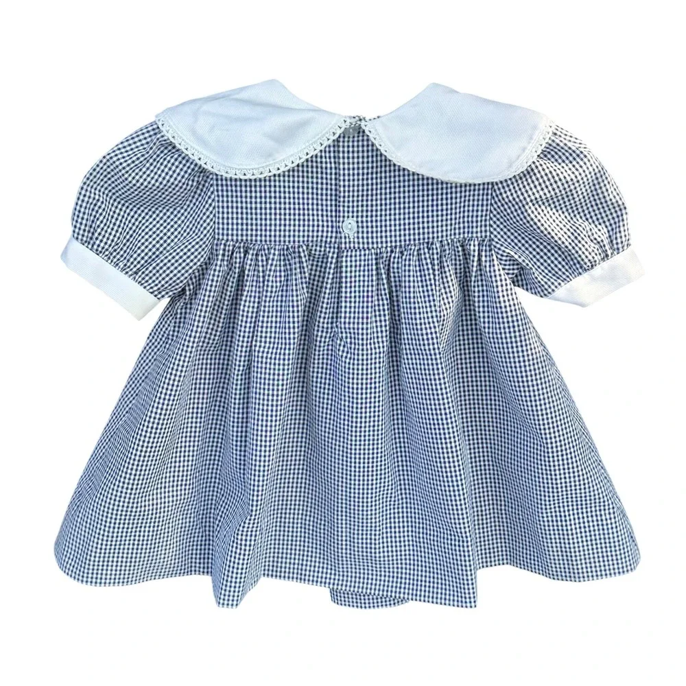 Vintage Gingham Baby Girl Dress Navy Blue White Floral Embroidery 12 Months Cute